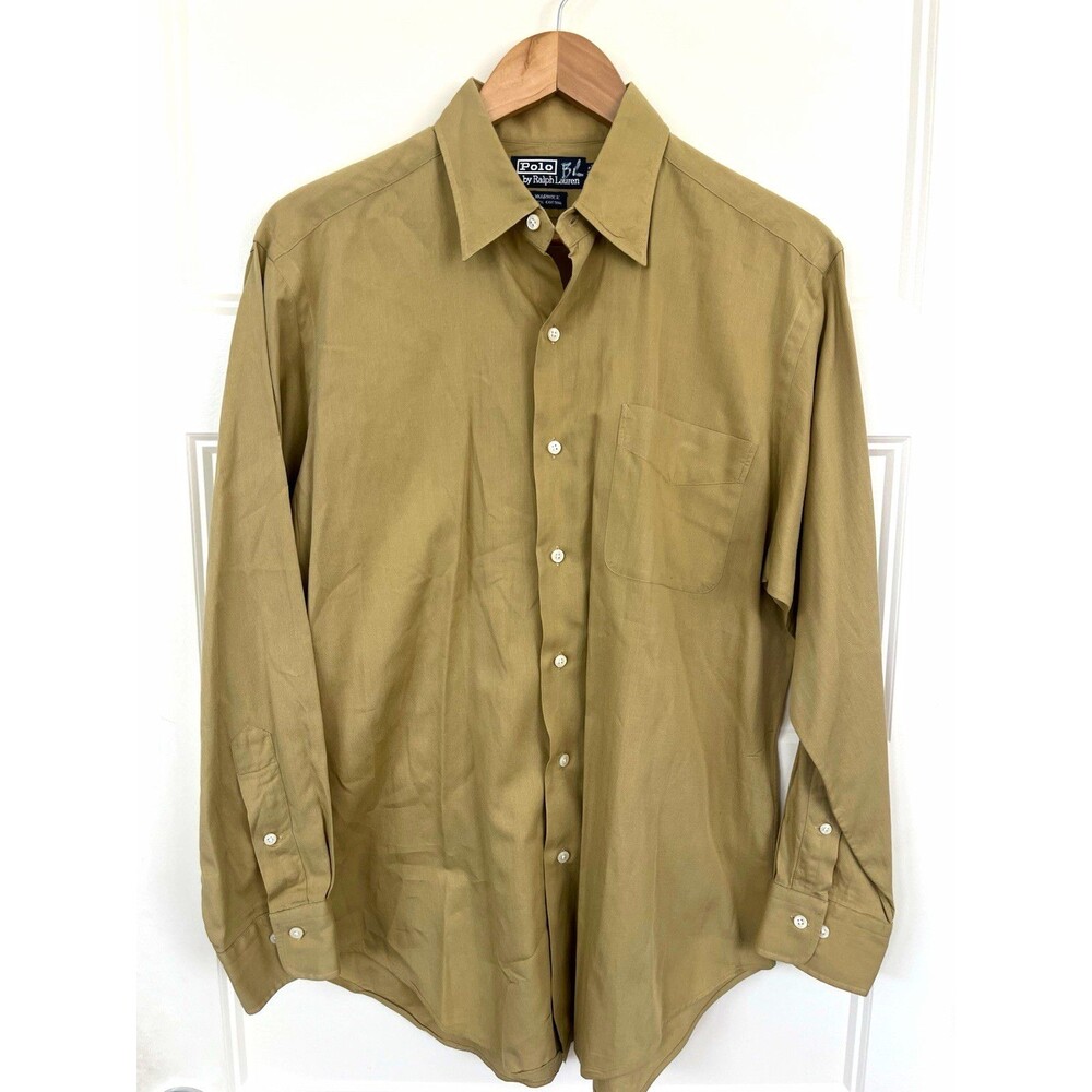 VTG Polo Ralph Lauren Warwick Shirt Mens 15.5 32/33 Tan Khaki Cotton Dress 90s